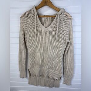 Roxy Cream Open-knit weave V-Neck Hooded beachy cover up Sweater. Size Medium